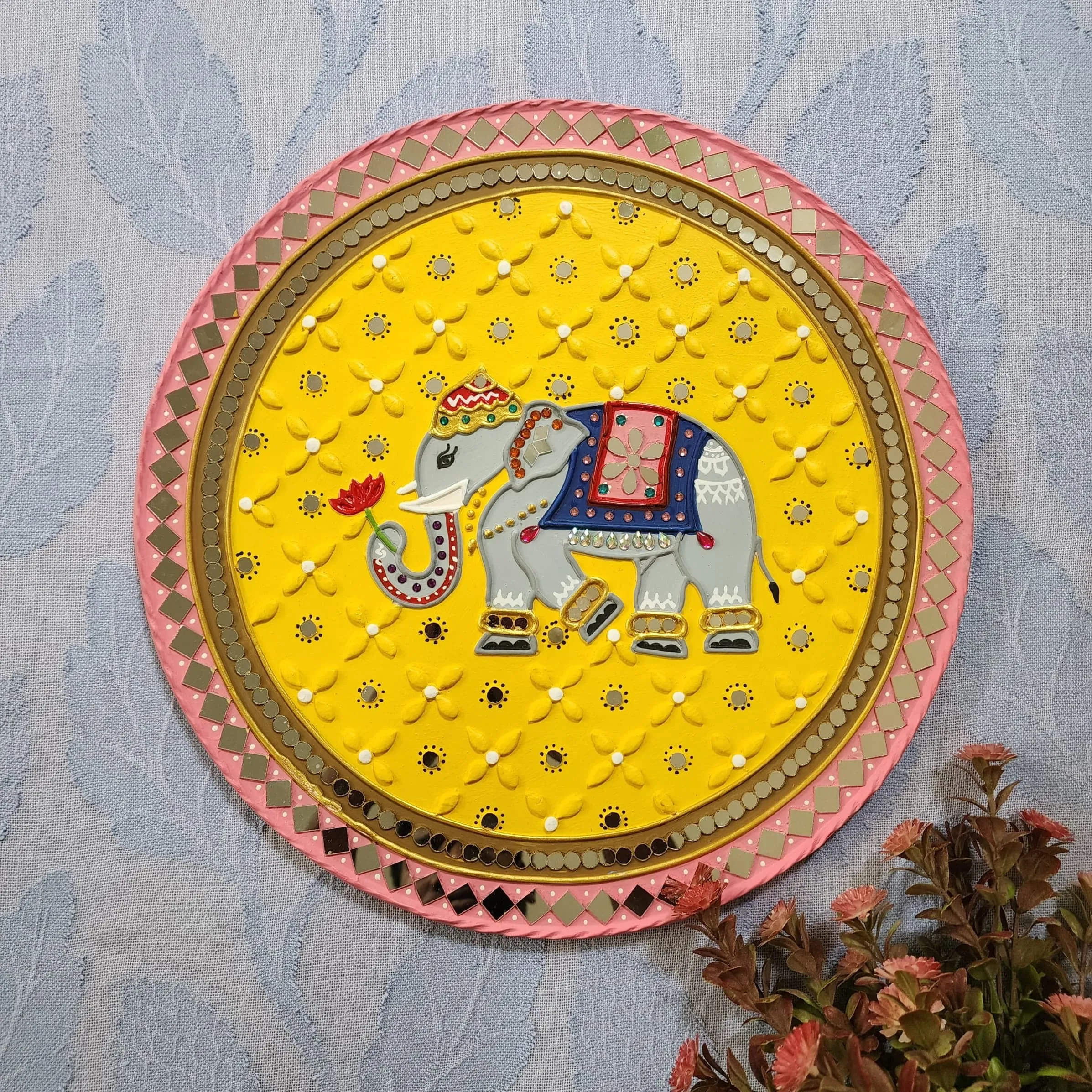 15 Inch Cow Calf And Elephant Lippan Art (Set of 2) Wall Hanging - Clay Mirror Wall Decor