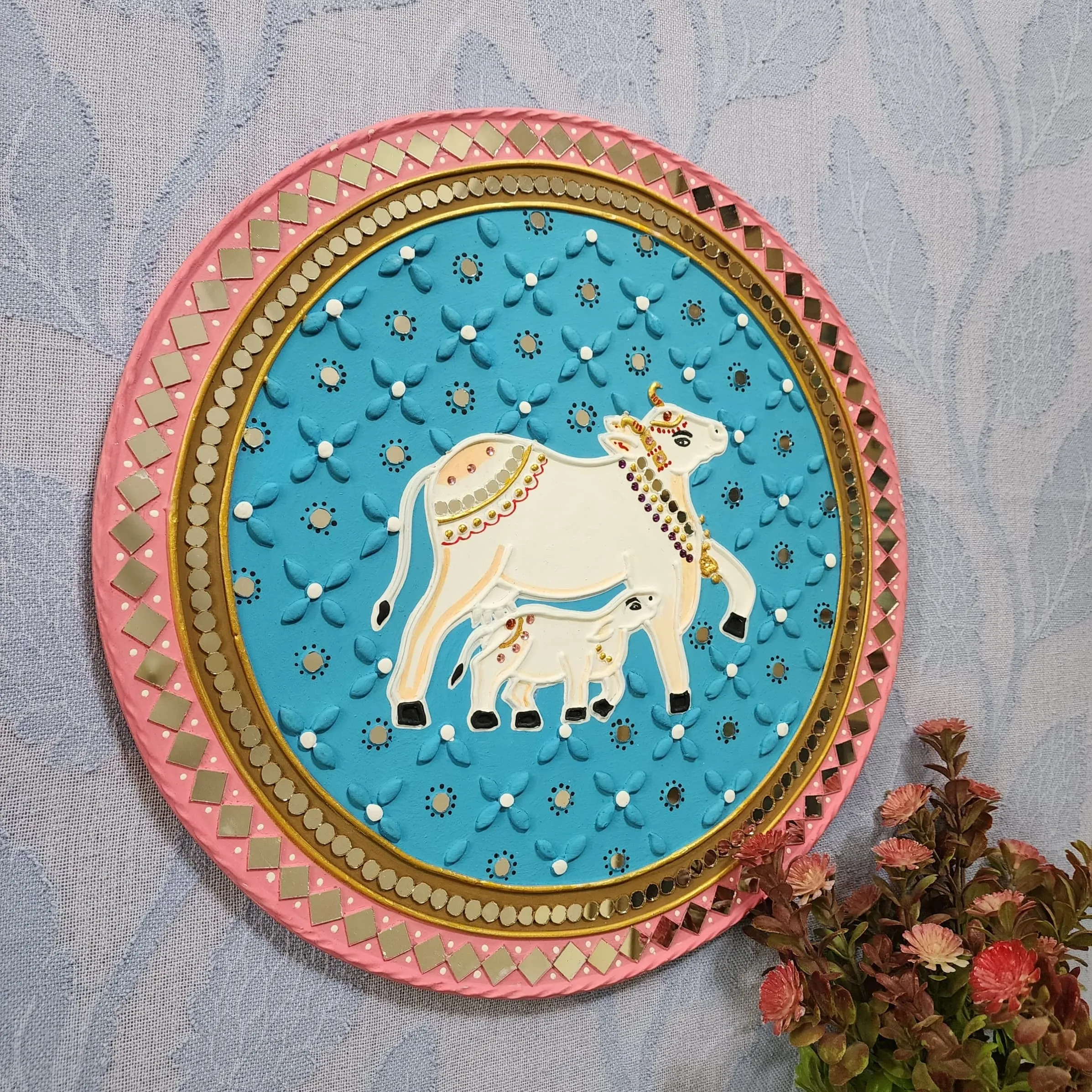 15 Inch Cow Calf And Elephant Lippan Art (Set of 2) Wall Hanging - Clay Mirror Wall Decor