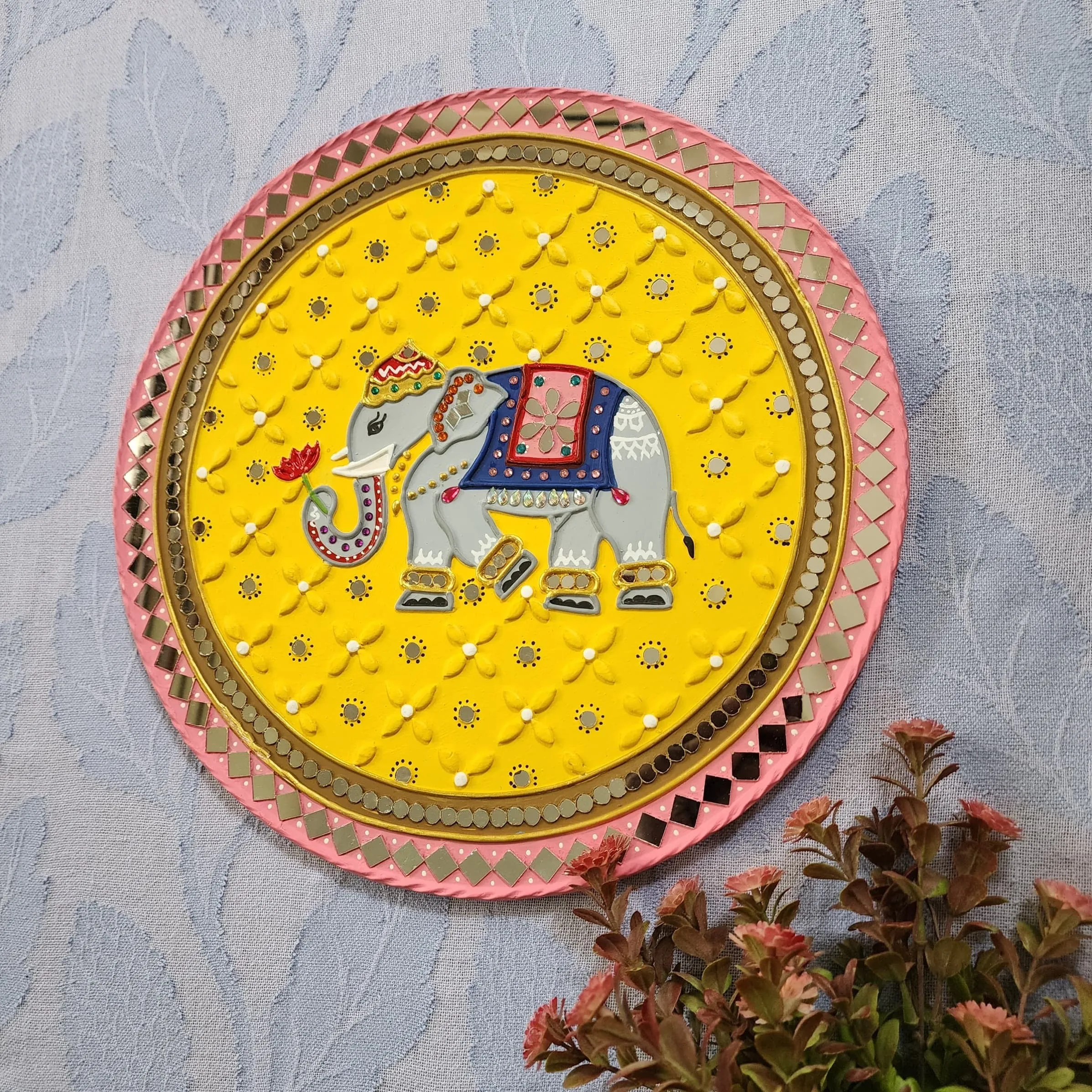 15 Inch Cow Calf And Elephant Lippan Art (Set of 2) Wall Hanging - Clay Mirror Wall Decor