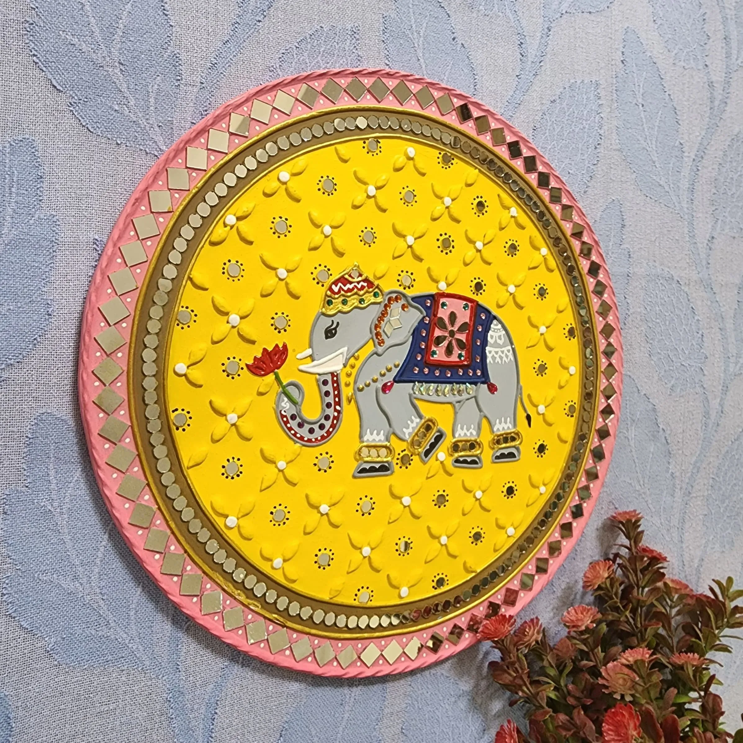 15 Inch Cow Calf And Elephant Lippan Art (Set of 2) Wall Hanging - Clay Mirror Wall Decor