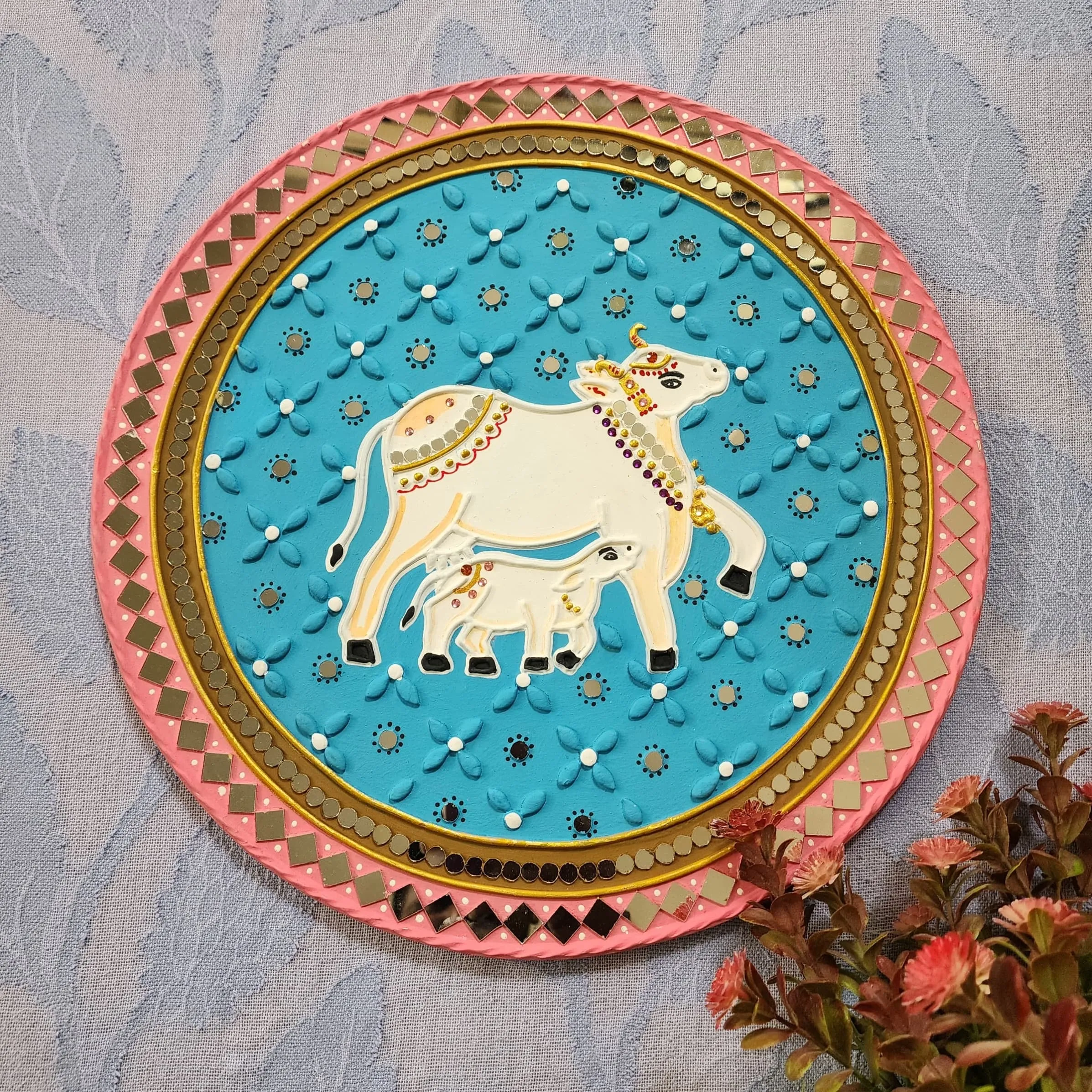 15 Inch Cow Calf And Elephant Lippan Art (Set of 2) Wall Hanging - Clay Mirror Wall Decor