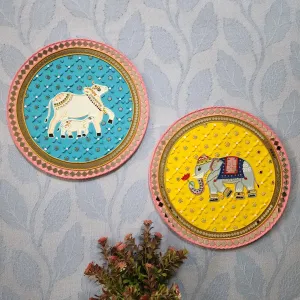 15 Inch Cow Calf And Elephant Lippan Art (Set of 2) Wall Hanging - Clay Mirror Wall Decor