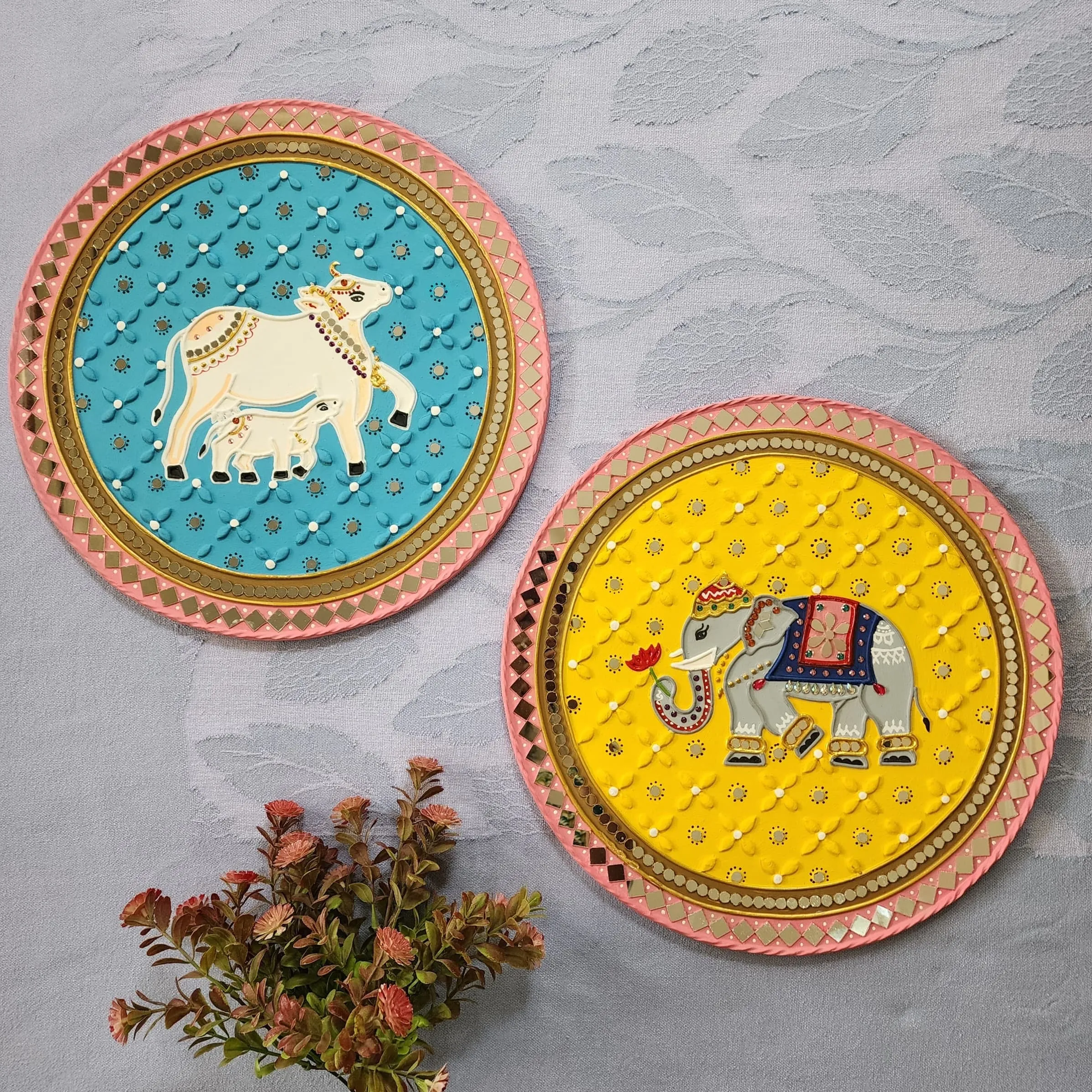 15 Inch Cow Calf And Elephant Lippan Art (Set of 2) Wall Hanging - Clay Mirror Wall Decor