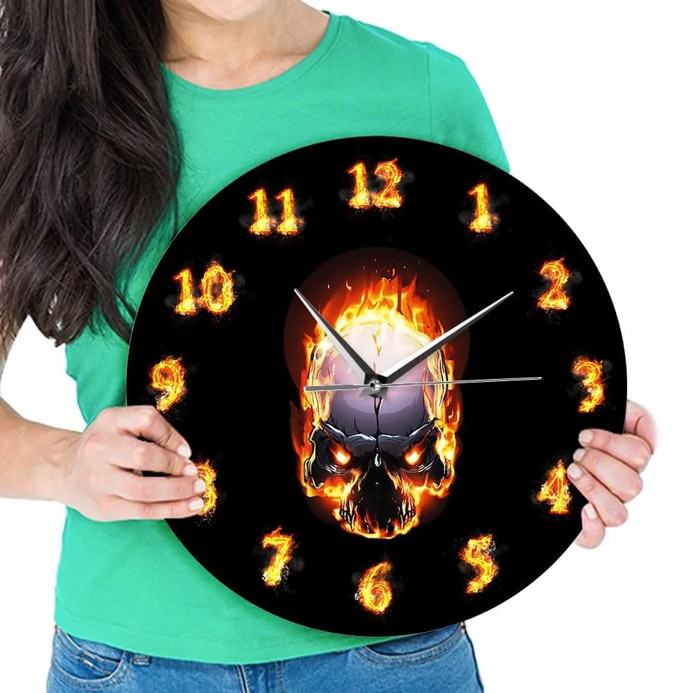 Demon Skull in Fire with Burning Numbers Modern Wall Clock Heavy Metal Flaming