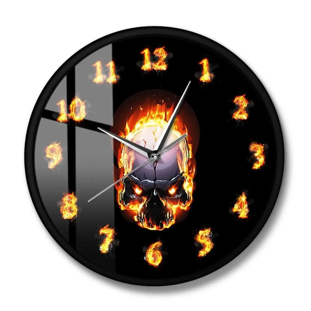 Demon Skull in Fire with Burning Numbers Modern Wall Clock Heavy Metal Flaming