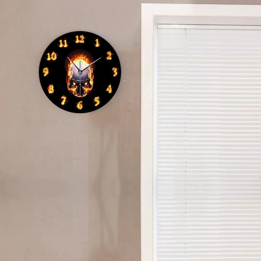 Demon Skull in Fire with Burning Numbers Modern Wall Clock Heavy Metal Flaming