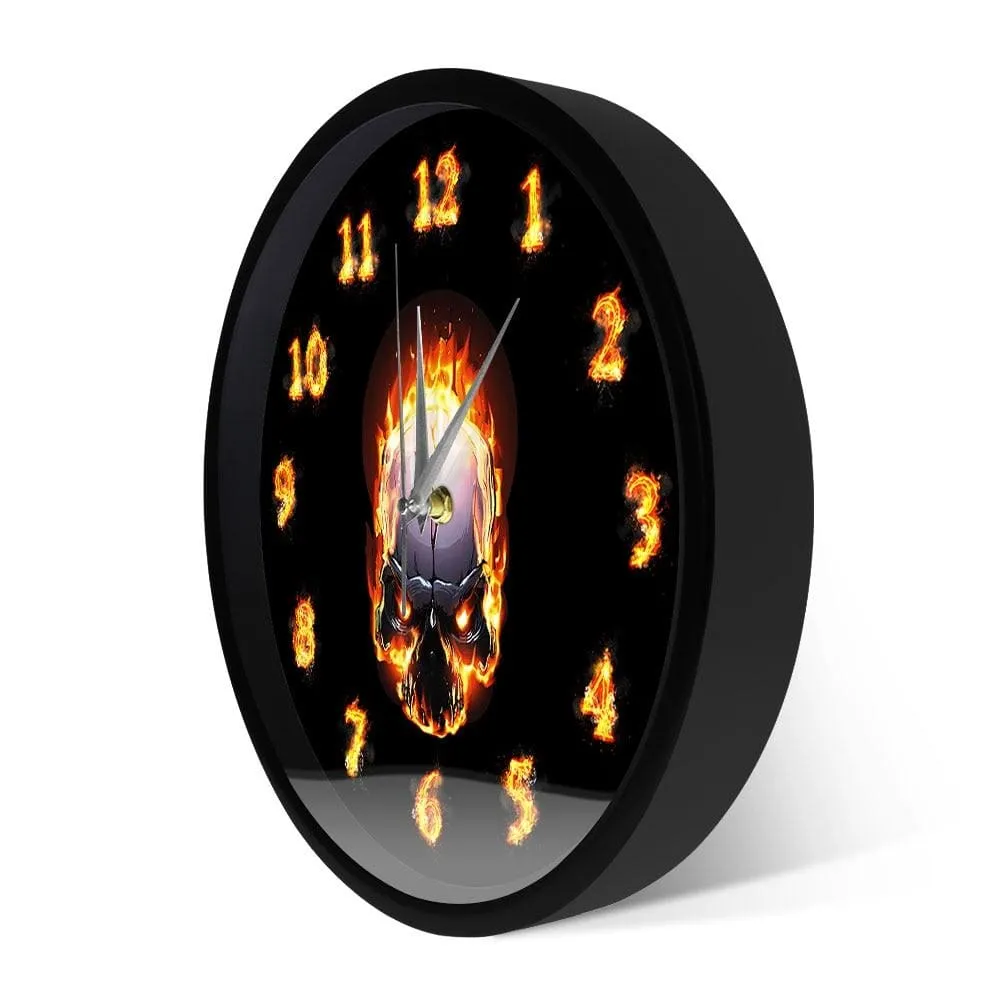 Demon Skull in Fire with Burning Numbers Modern Wall Clock Heavy Metal Flaming