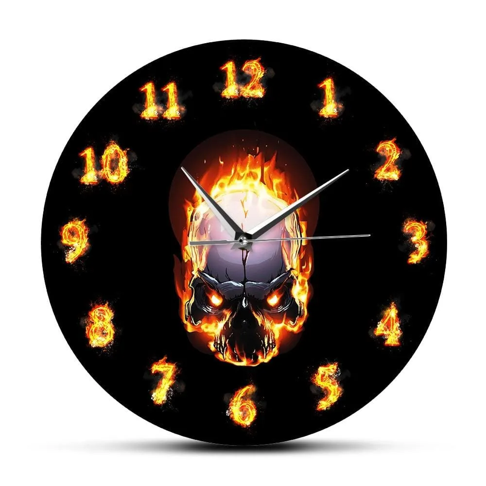 Demon Skull in Fire with Burning Numbers Modern Wall Clock Heavy Metal Flaming
