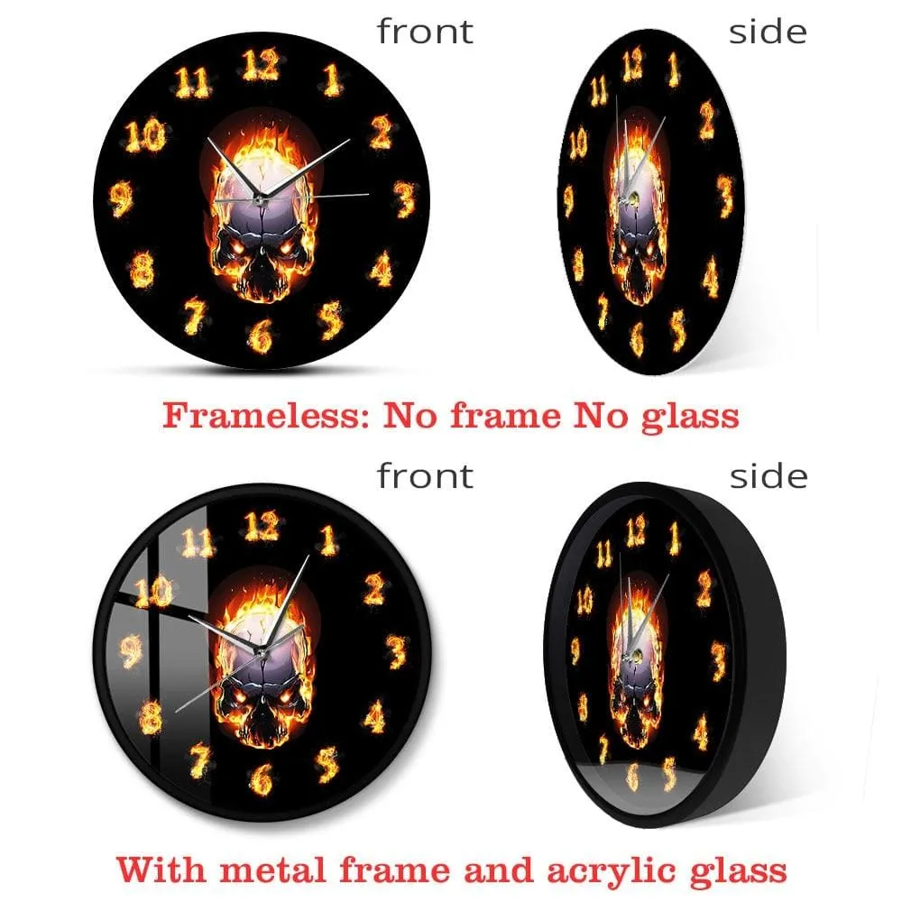 Demon Skull in Fire with Burning Numbers Modern Wall Clock Heavy Metal Flaming