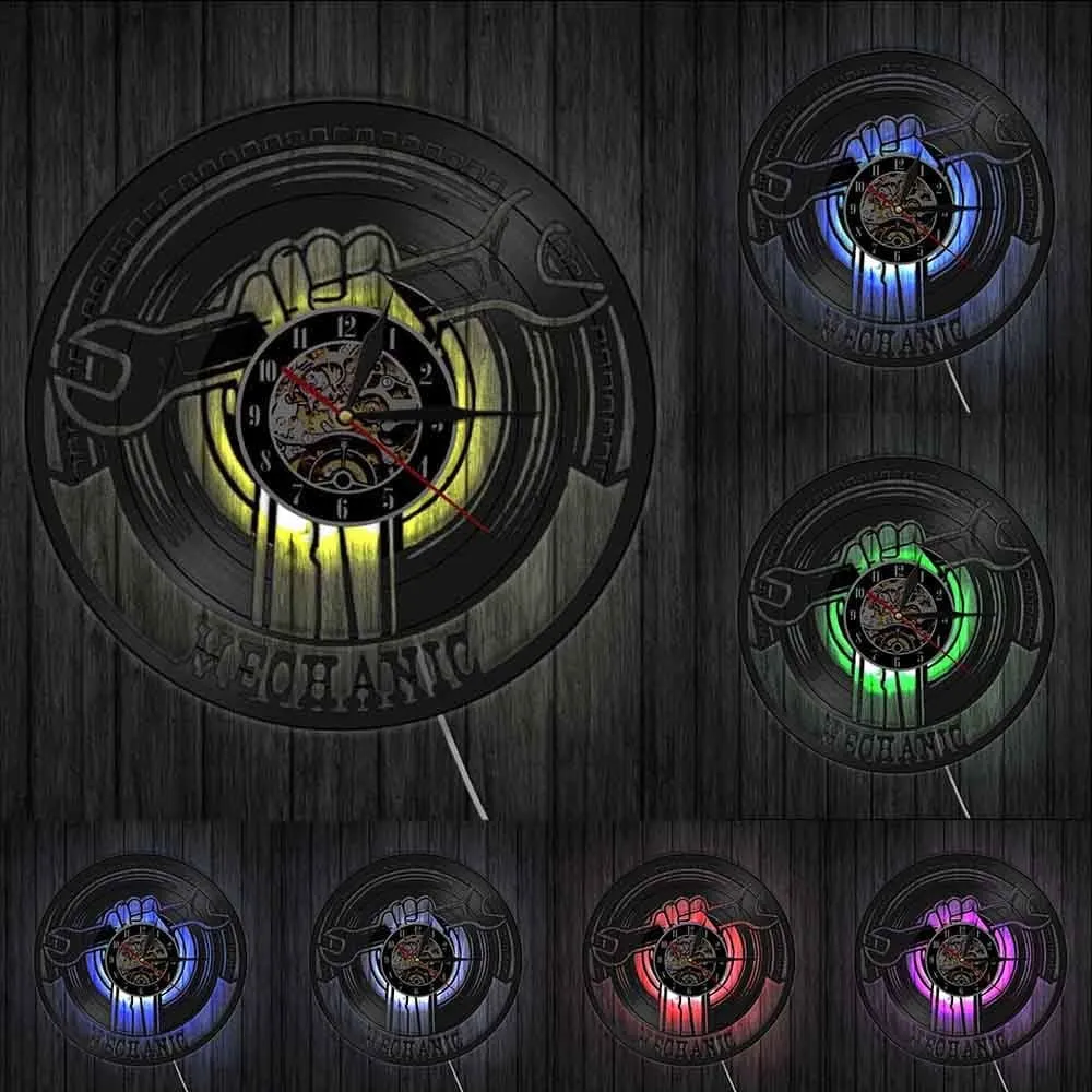 Garage Decorative Vinyl Record Led Vinyl Record Wall Clock Modern Mechanic Tools