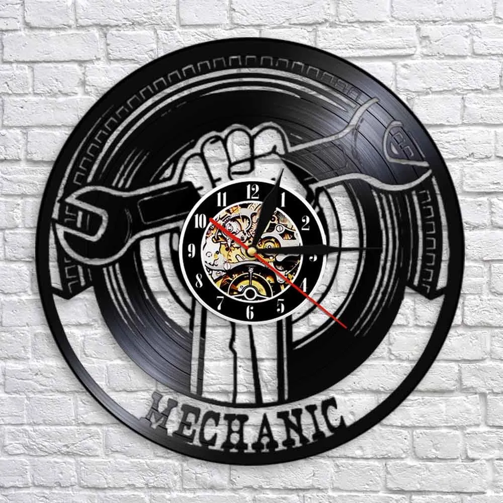 Garage Decorative Vinyl Record Led Vinyl Record Wall Clock Modern Mechanic Tools