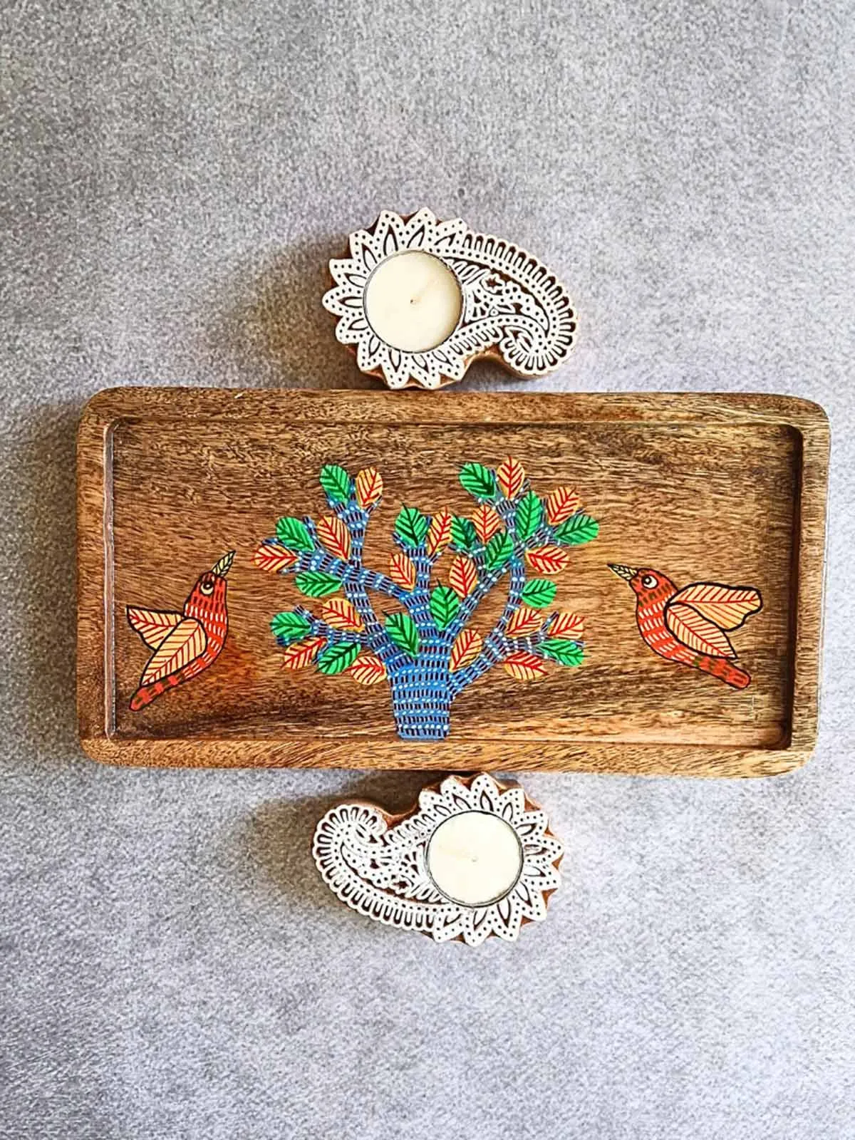Hand painted Bird with Tree Wooden tray and T-light Gift Box