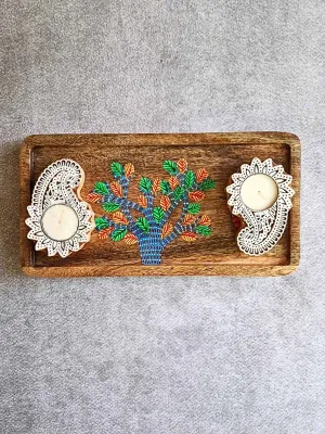 Hand painted Bird with Tree Wooden tray and T-light Gift Box