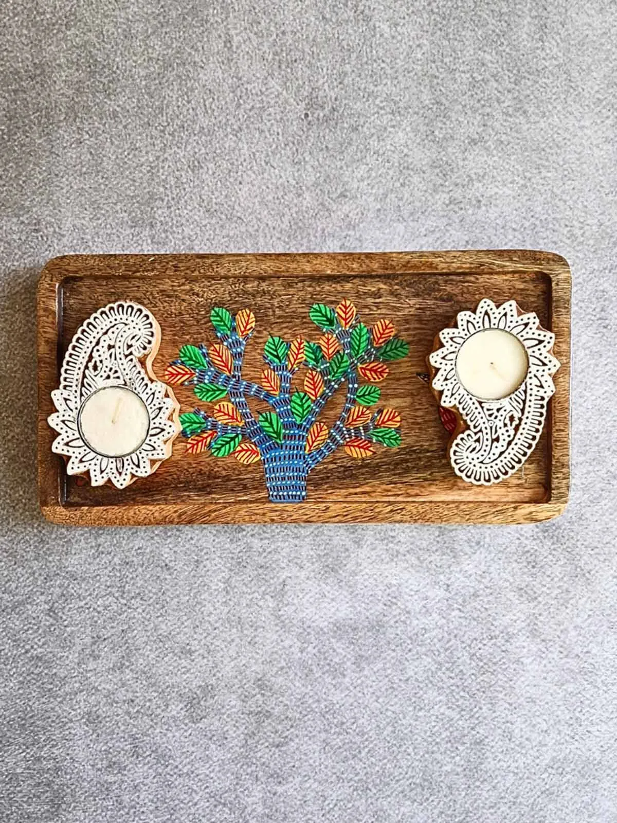 Hand painted Bird with Tree Wooden tray and T-light Gift Box