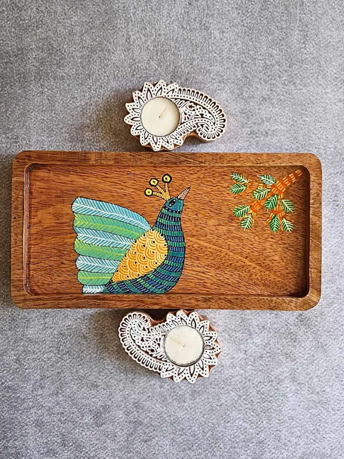 Hand painted bird wooden tray and T-light Gift Box