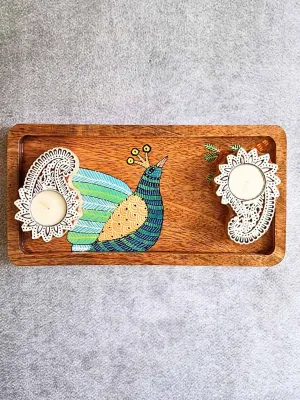 Hand painted bird wooden tray and T-light Gift Box