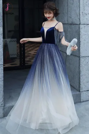 Kateprom Blue Ombre Spaghetti Straps Long Prom Dress with Tassels, Unique Evening Dress KPP1290
