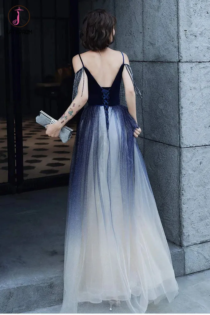 Kateprom Blue Ombre Spaghetti Straps Long Prom Dress with Tassels, Unique Evening Dress KPP1290