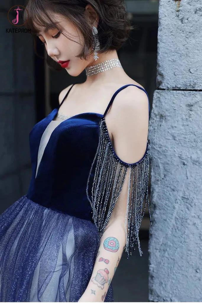 Kateprom Blue Ombre Spaghetti Straps Long Prom Dress with Tassels, Unique Evening Dress KPP1290