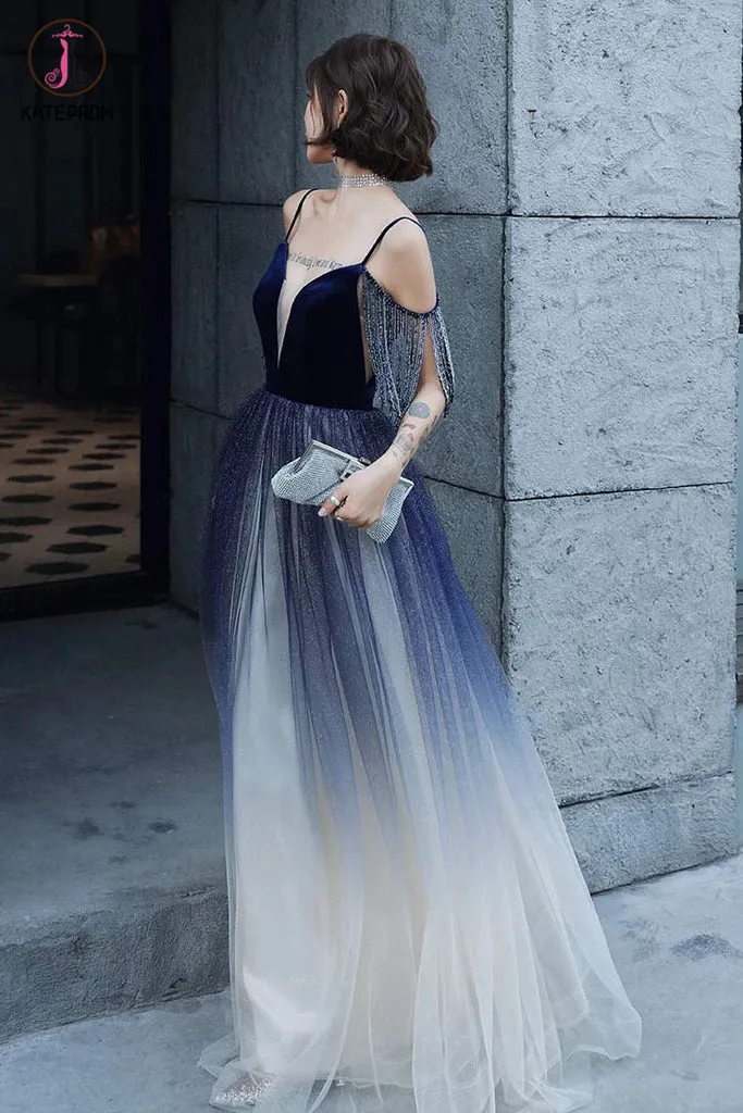 Kateprom Blue Ombre Spaghetti Straps Long Prom Dress with Tassels, Unique Evening Dress KPP1290