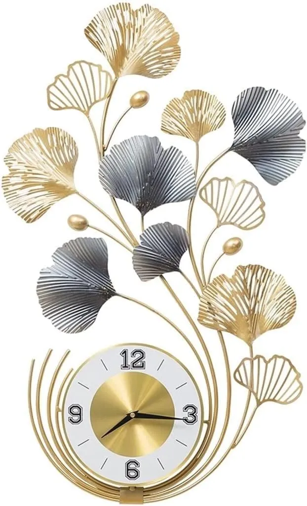 Metal Ginkgo Leaf Wall Clock Living Room Decorative Wall Clock Modern Design Wall Clock (Gold) 32 Inch - Analog