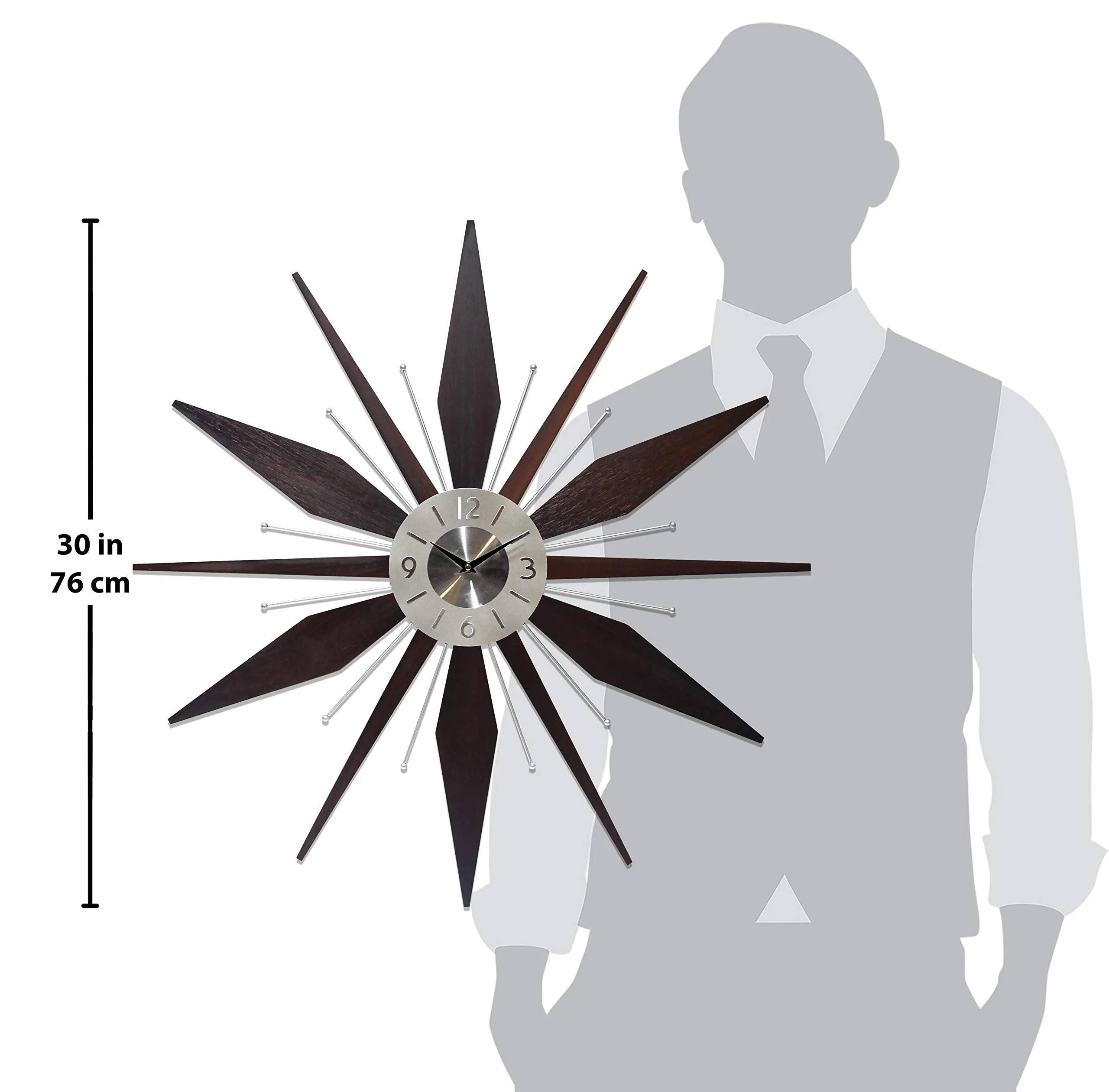 Mid century Mantle Clock Starburst Wall Clock Large 30 inch Midcentury Modern Wall Clock Unique Modern Design Sunburst Clock Mid Century Wall Decor for Living Room, Kitchen, Bedroom Walnut Wall Clock