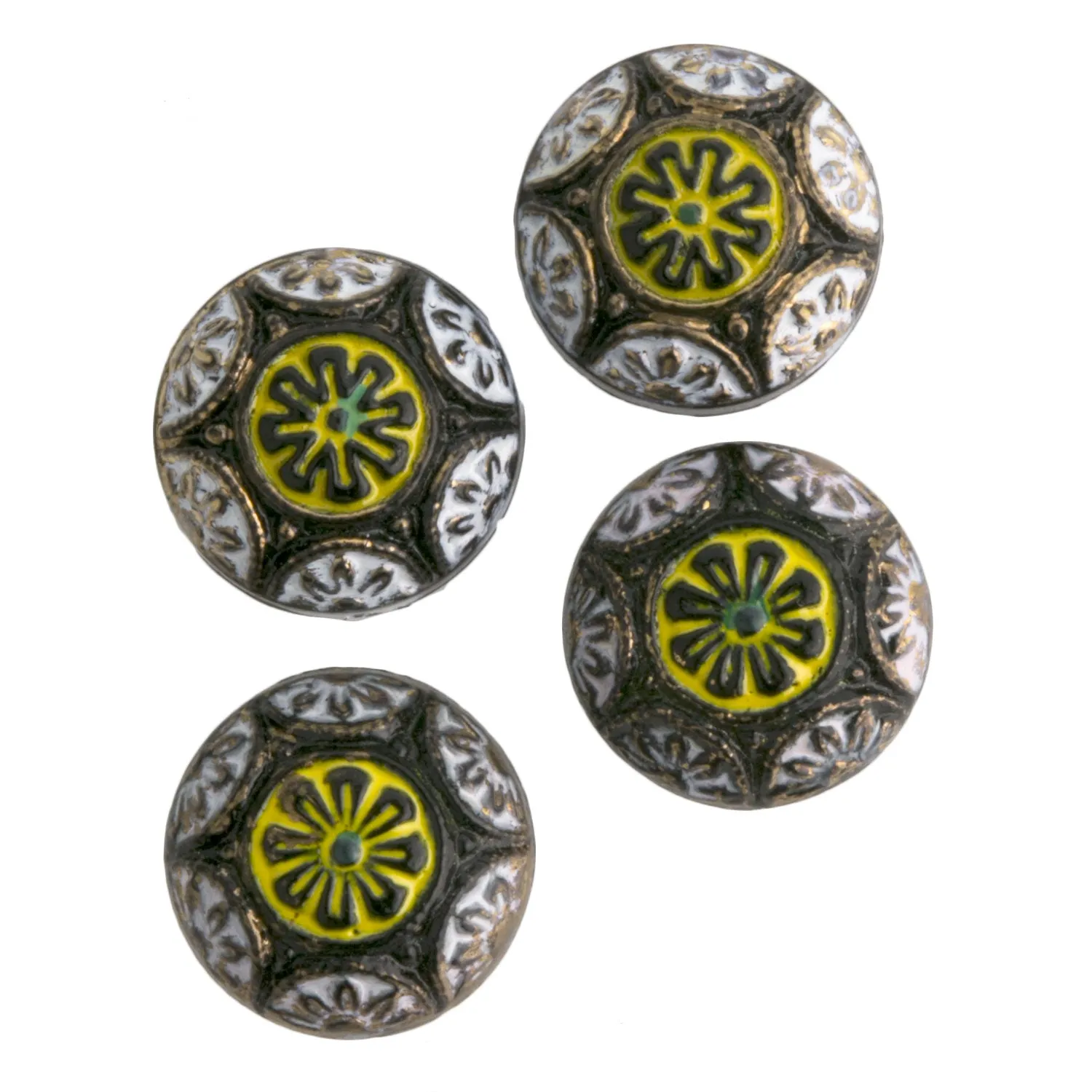 Mosaic look Cabochon, black glass, round disk. 10mm. Pkg 4. b5-551