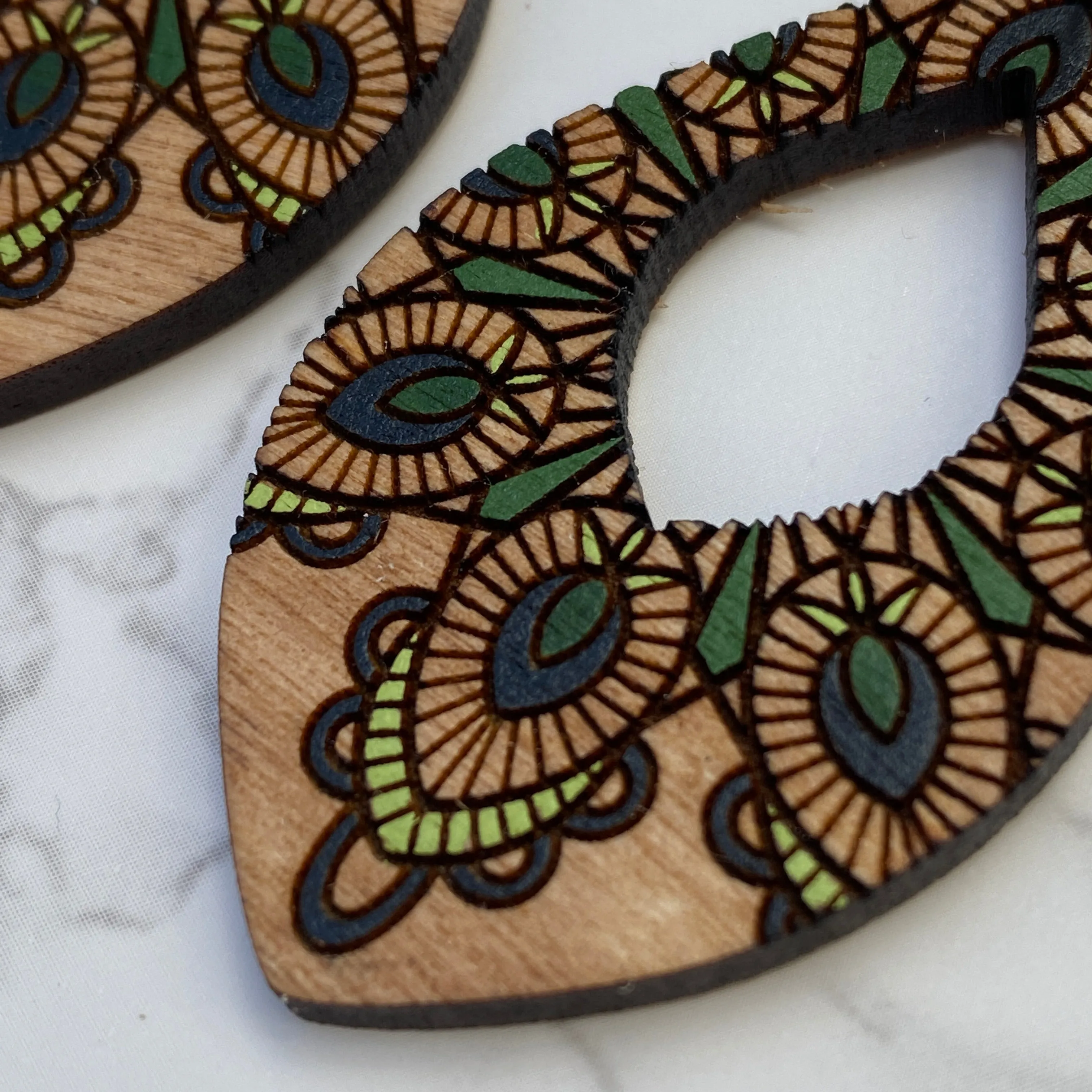 Olive and Black Teardrop Wood Hand Painted Earrings