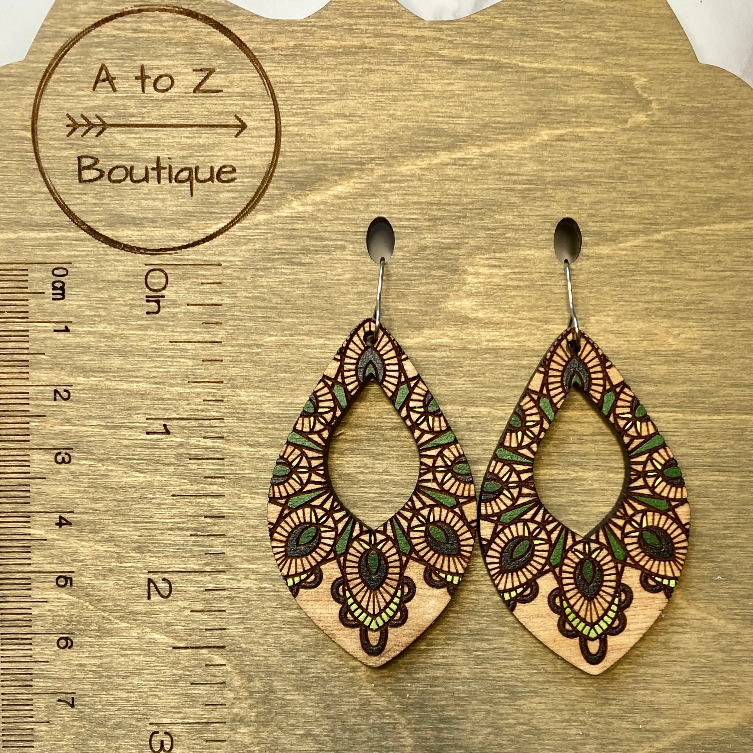 Olive and Black Teardrop Wood Hand Painted Earrings