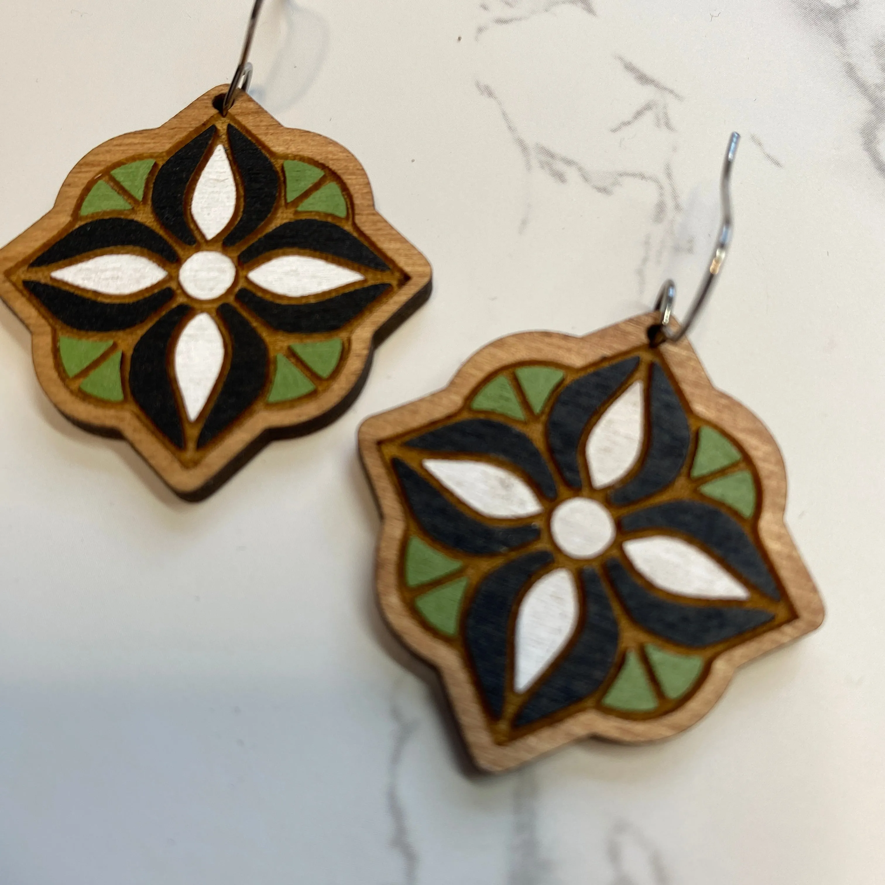 Olive Black and White Hand Painted Earrings