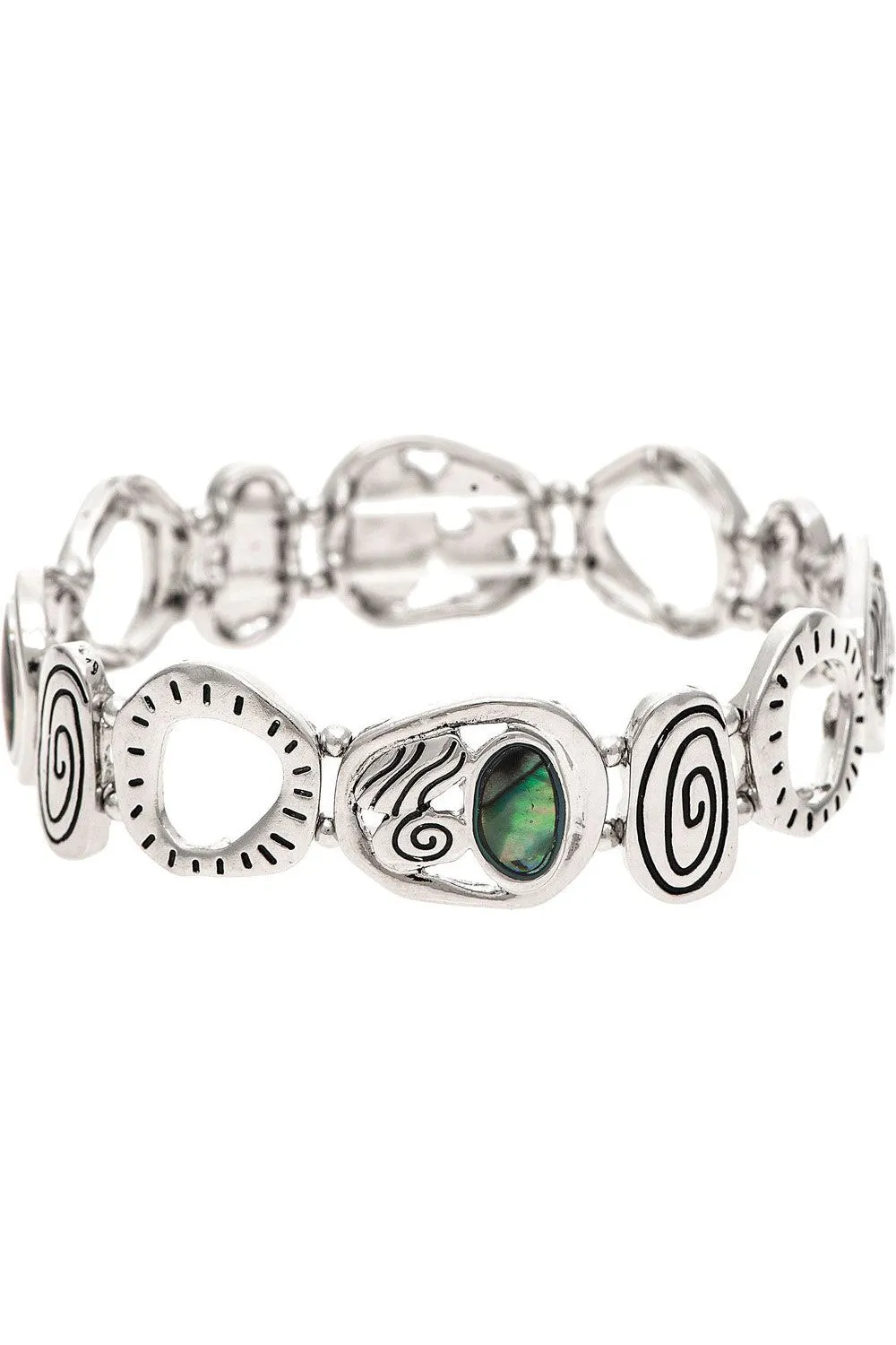 Rain Jewelry Silver Abalone Shell Accented Engraved Shapes Organic Stretch Bracelet