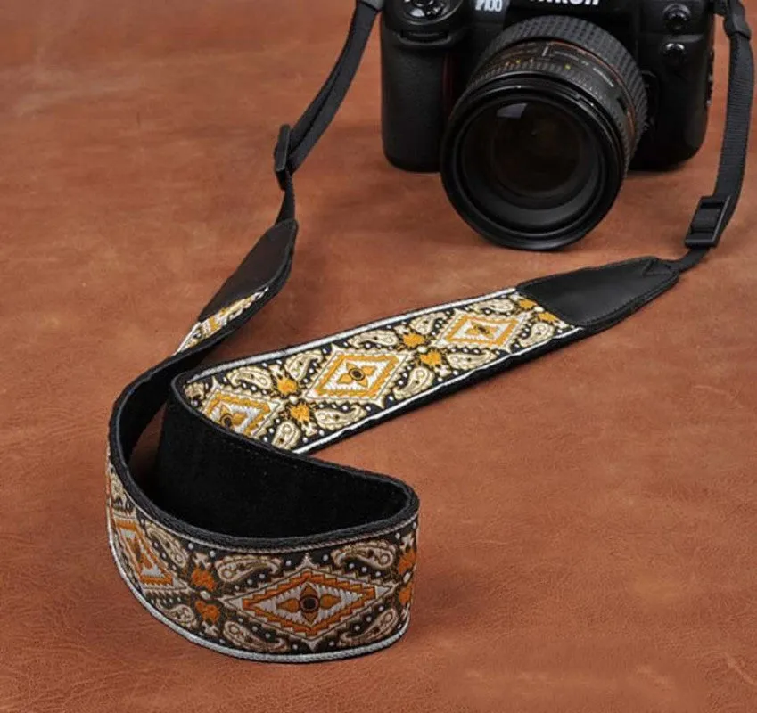Retro Flower Handmade Leather Camera Strap Black 8461
