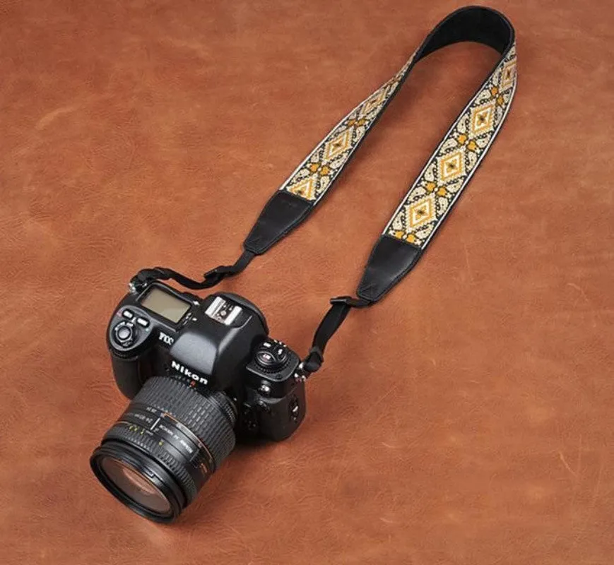 Retro Flower Handmade Leather Camera Strap Black 8461