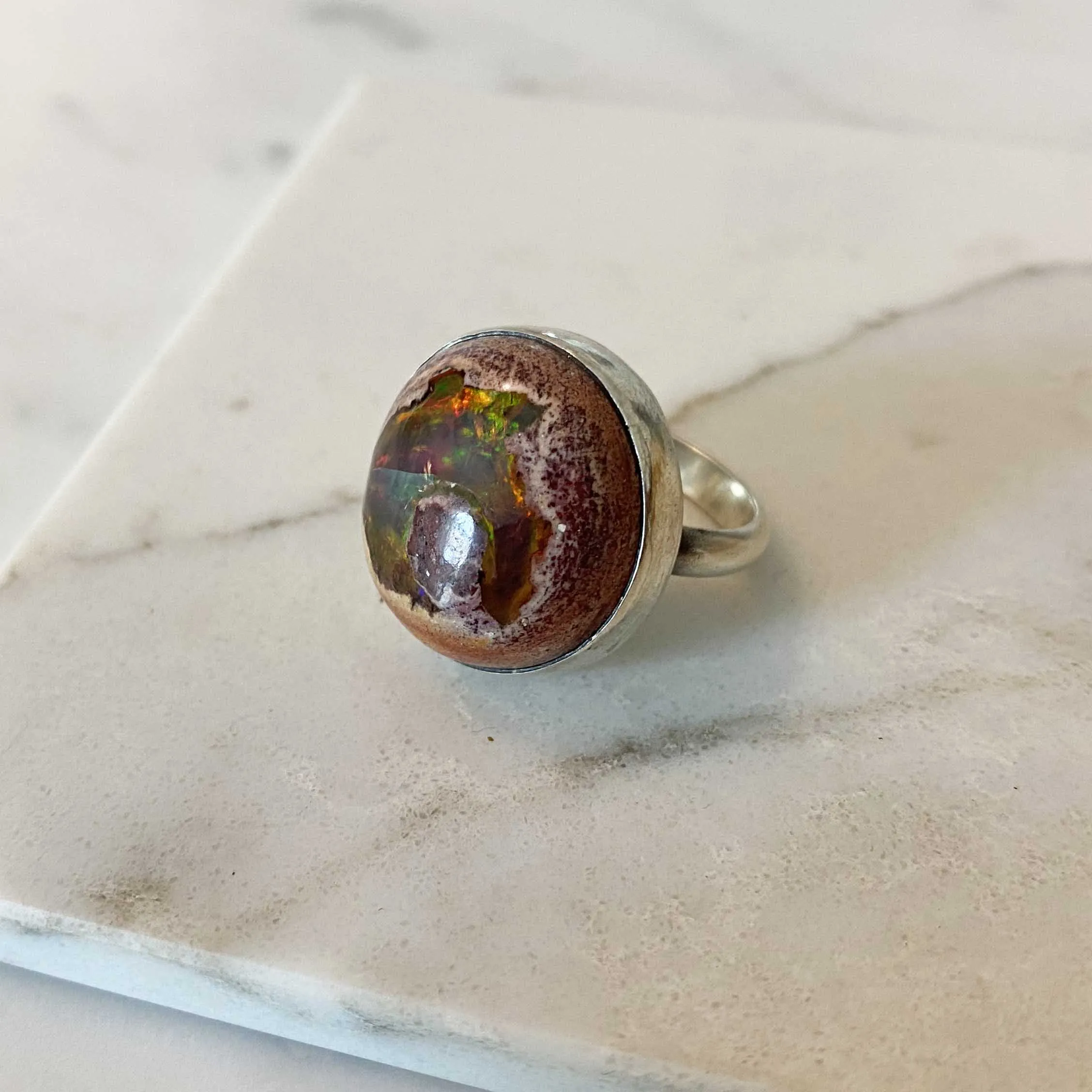 Round Rainbow Mexican Fire Opal Sterling Silver Ring, One of a Kind