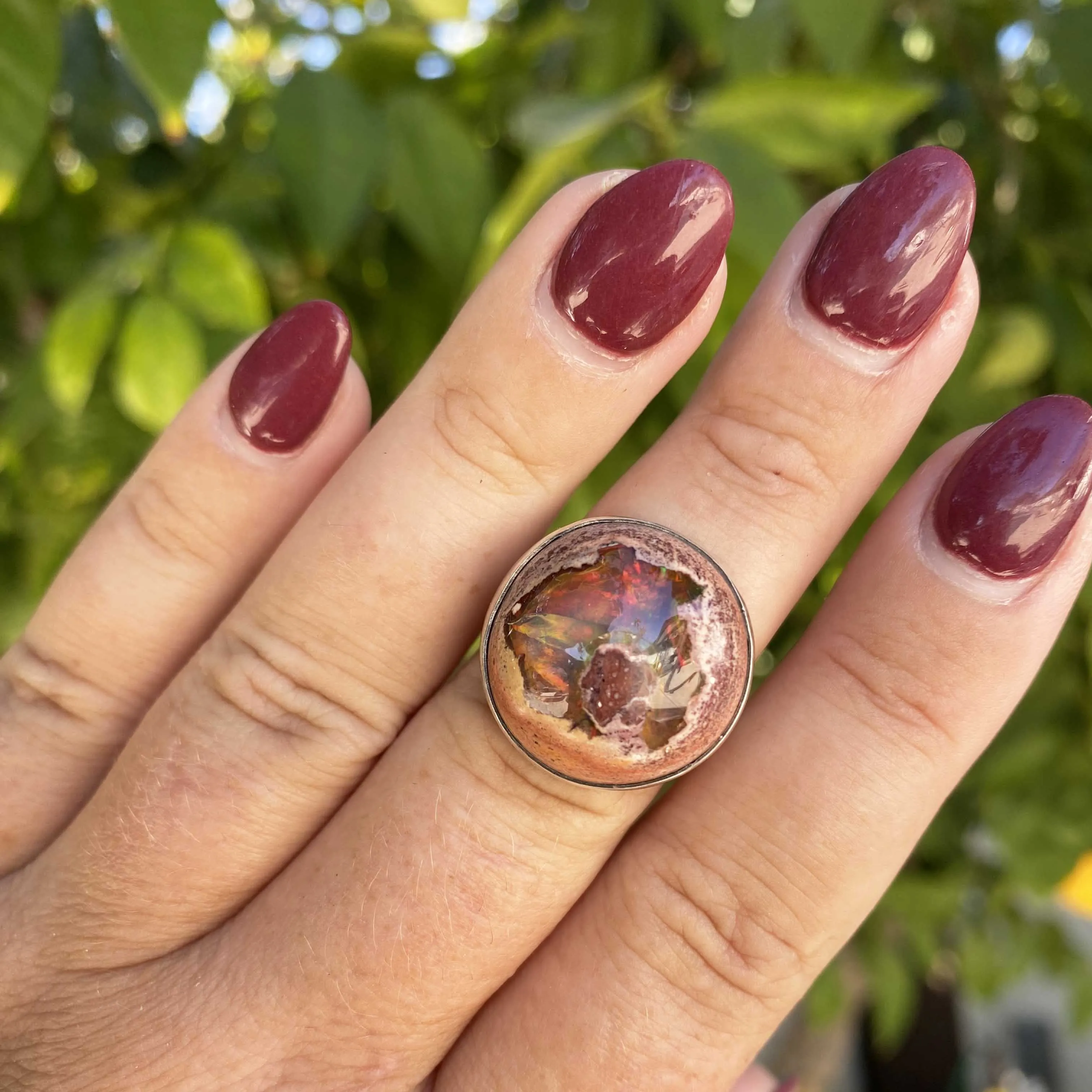 Round Rainbow Mexican Fire Opal Sterling Silver Ring, One of a Kind