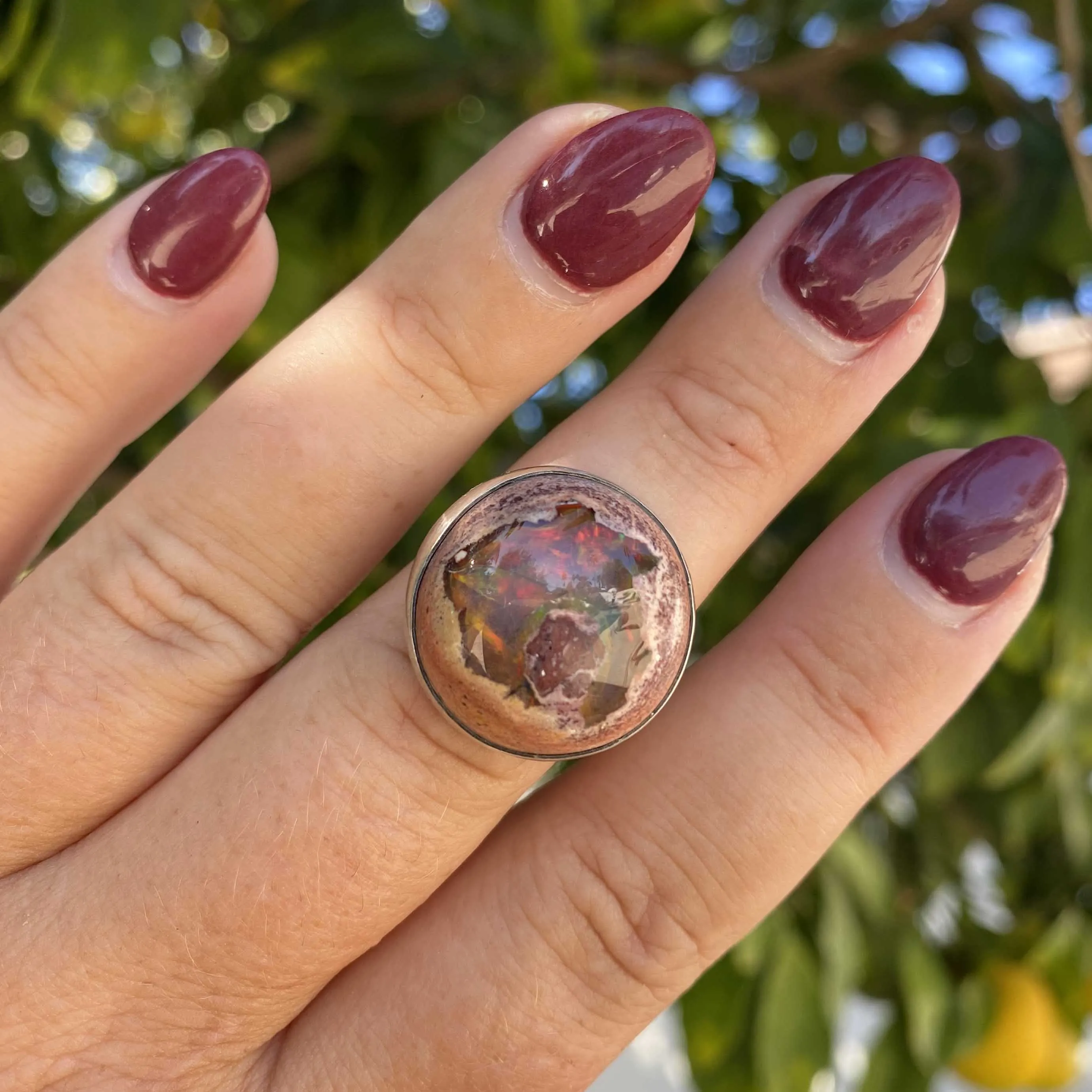 Round Rainbow Mexican Fire Opal Sterling Silver Ring, One of a Kind
