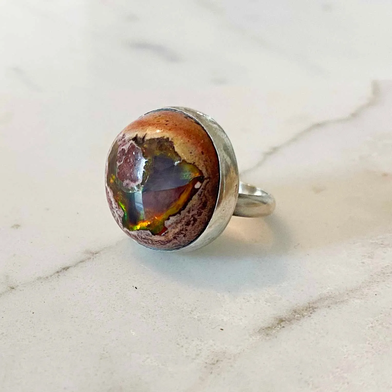 Round Rainbow Mexican Fire Opal Sterling Silver Ring, One of a Kind