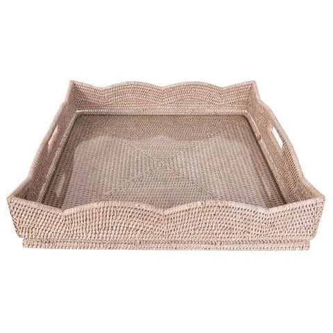 Scallop Rattan Square Tray With Glass Insert