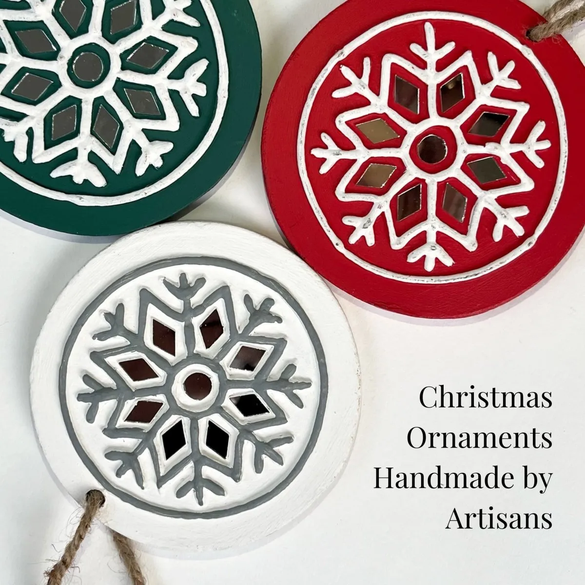 Snowflakes Mud & Mirror Handcrafted Lippan Christmas Tree Ornaments (Set of 3)