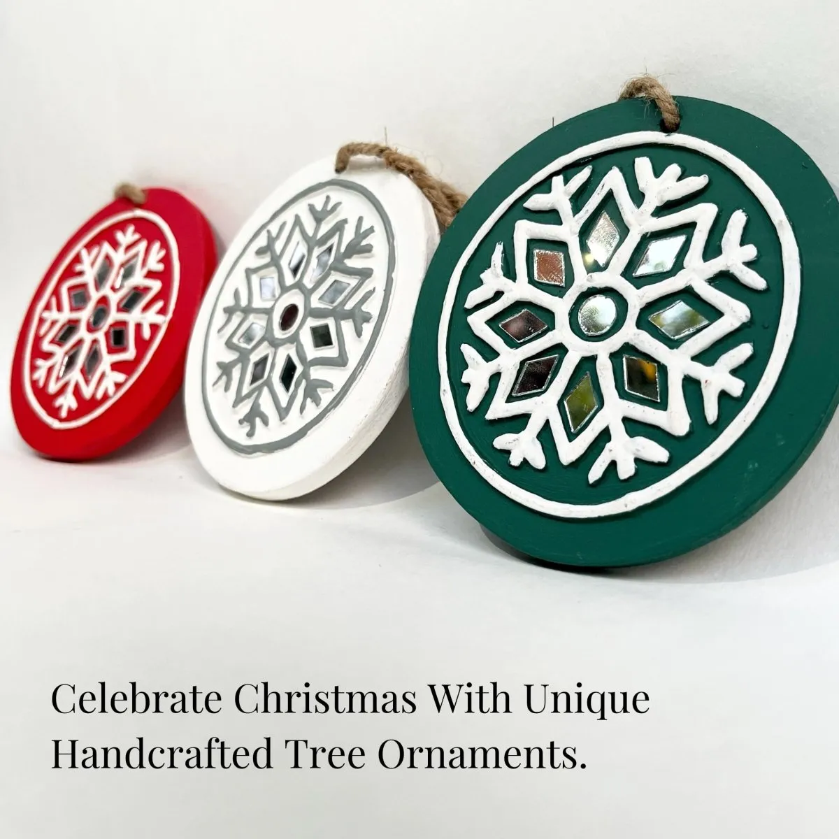 Snowflakes Mud & Mirror Handcrafted Lippan Christmas Tree Ornaments (Set of 3)