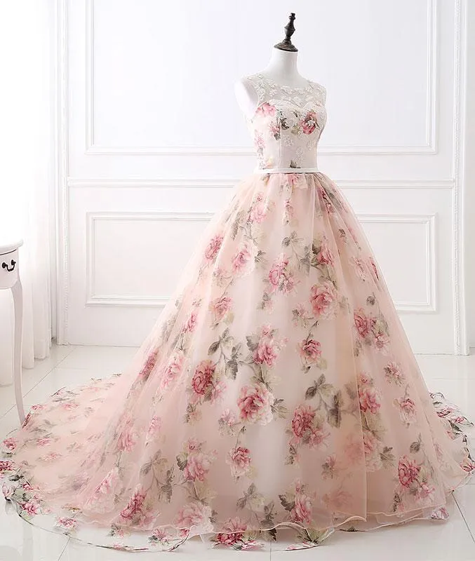 Unique round neck tulle long prom gown, unique evening dress M4831