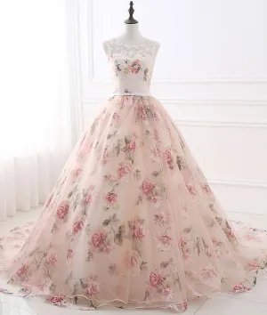 Unique round neck tulle long prom gown, unique evening dress M4831