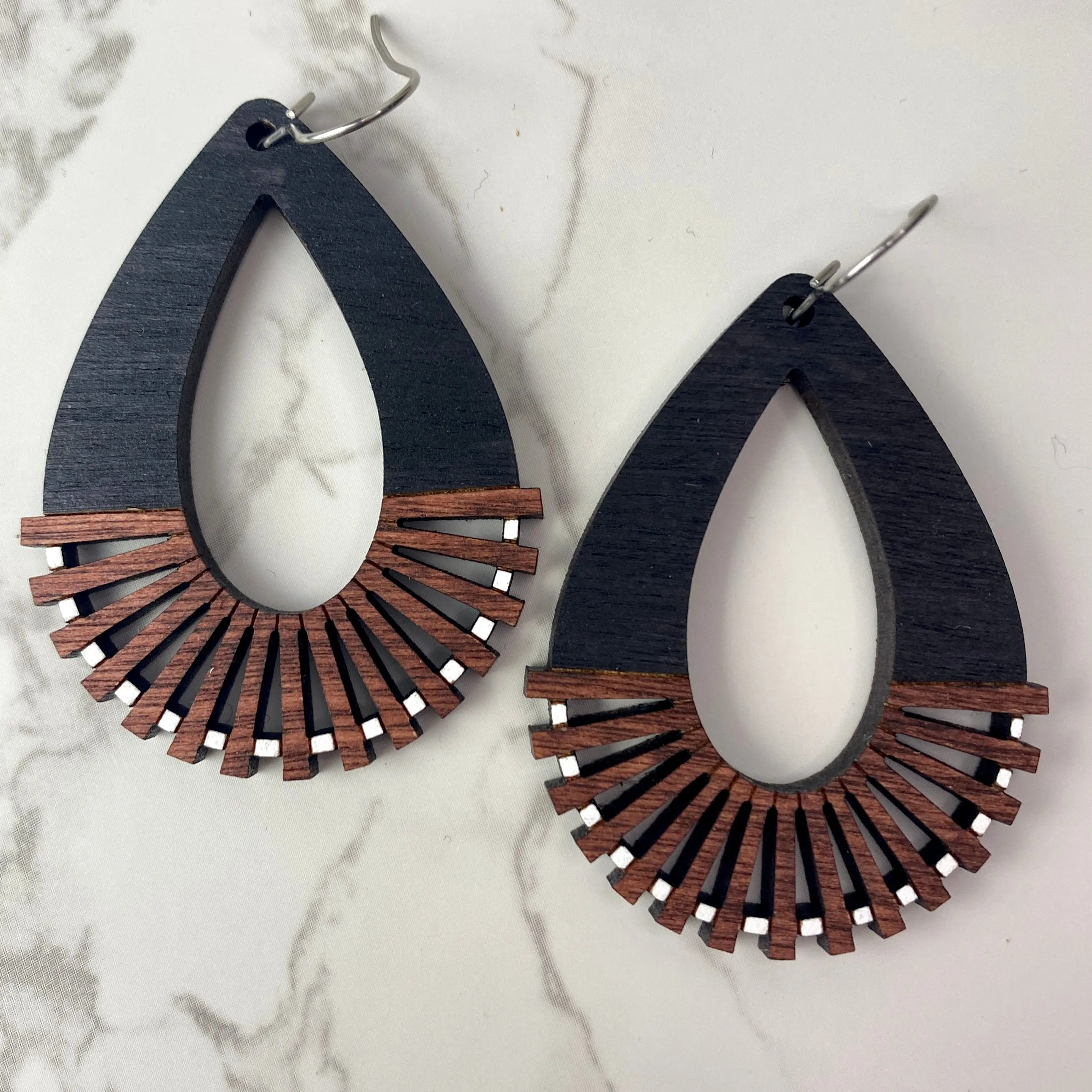 White Dot Cutout Teardrop Wood Hand Painted Earrings
